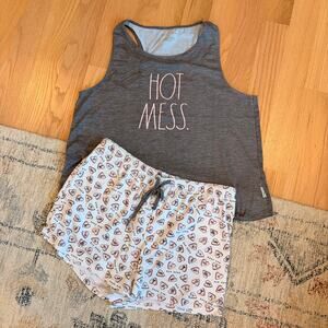 Rae Dunn HOT MESS Hearts Lounge Sleep Set Shorts Tank Gray White Pink